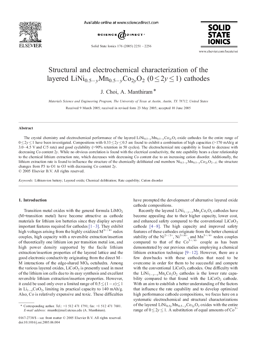 Structural and electrochemical characterization of the layered LiNi0.5−yMn0.5−yCo2yO2 (0 ≤ 2y ≤ 1) cathodes