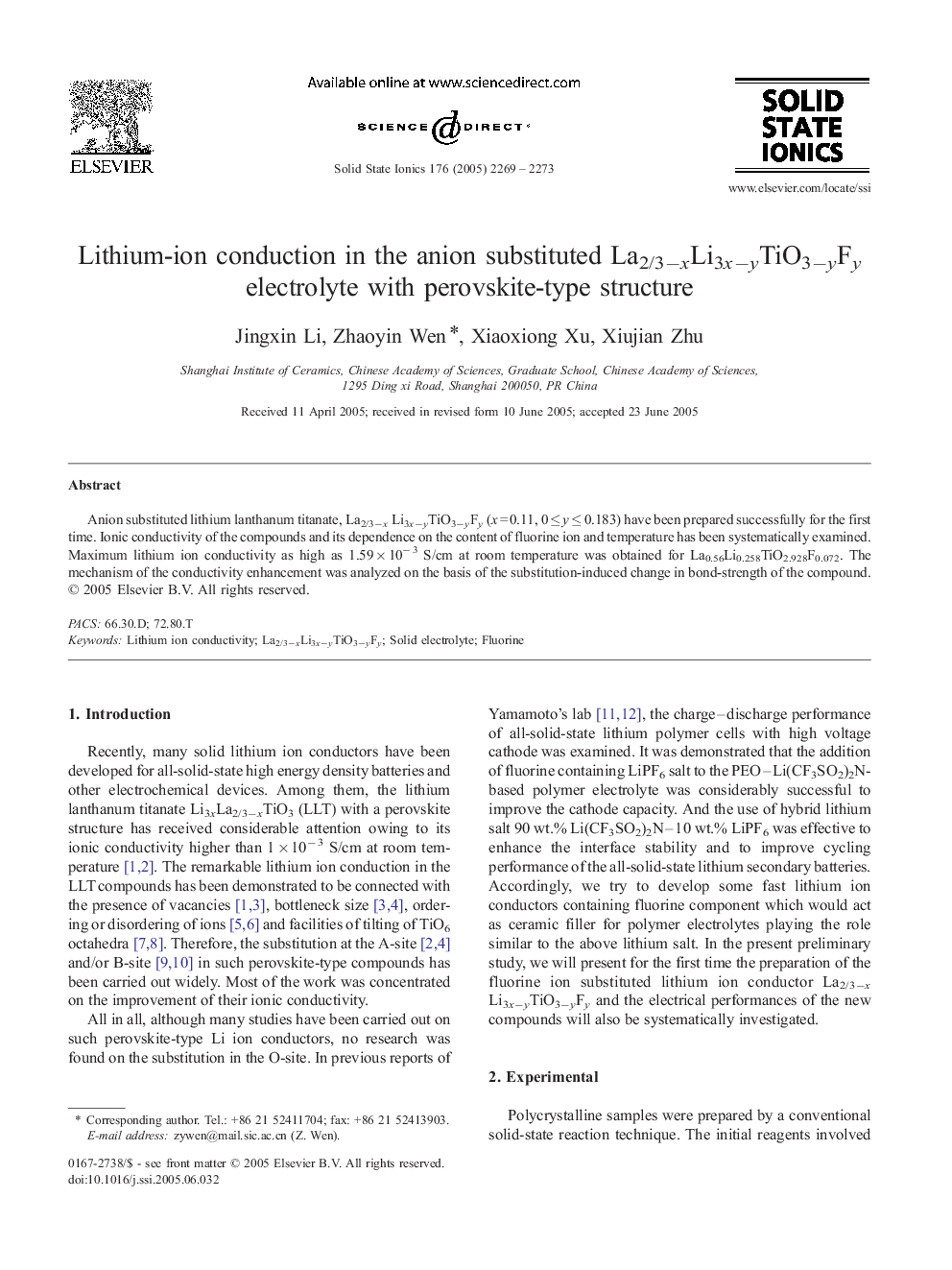 Lithium-ion conduction in the anion substituted La2/3−xLi3x−yTiO3−yFy electrolyte with perovskite-type structure