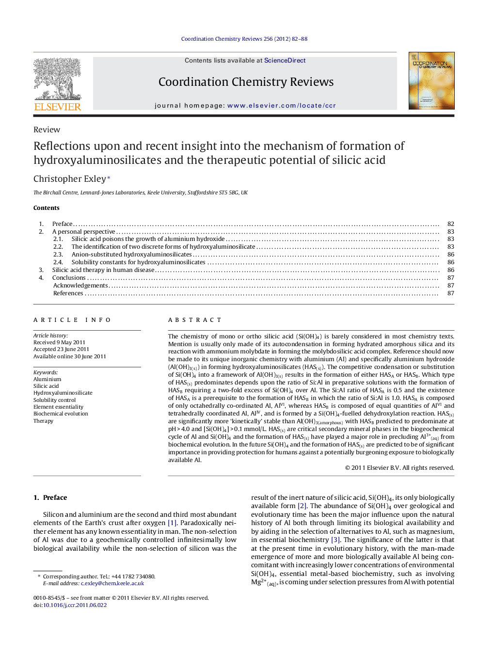 Reflections upon and recent insight into the mechanism of formation of hydroxyaluminosilicates and the therapeutic potential of silicic acid