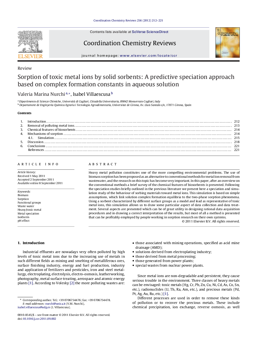 Sorption of toxic metal ions by solid sorbents: A predictive speciation approach based on complex formation constants in aqueous solution