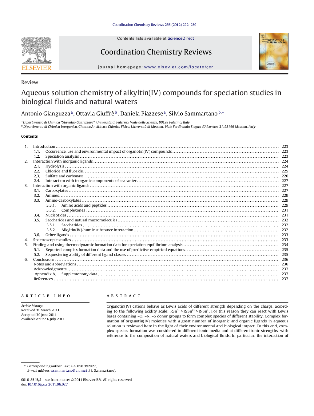 Aqueous solution chemistry of alkyltin(IV) compounds for speciation studies in biological fluids and natural waters