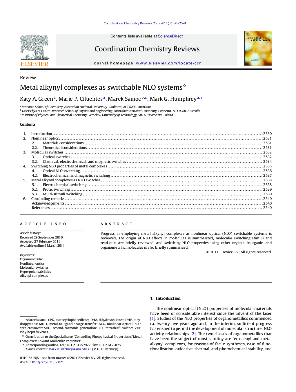 عکس صفحه اول مقاله: Metal alkynyl complexes as switchable NLO systems Metal alkynyl complexes as switchable NLO systems