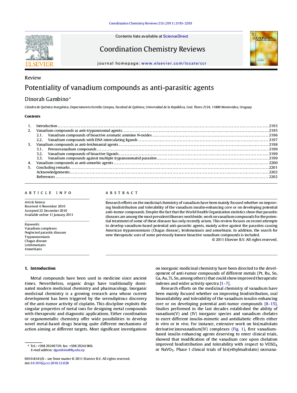 Potentiality of vanadium compounds as anti-parasitic agents