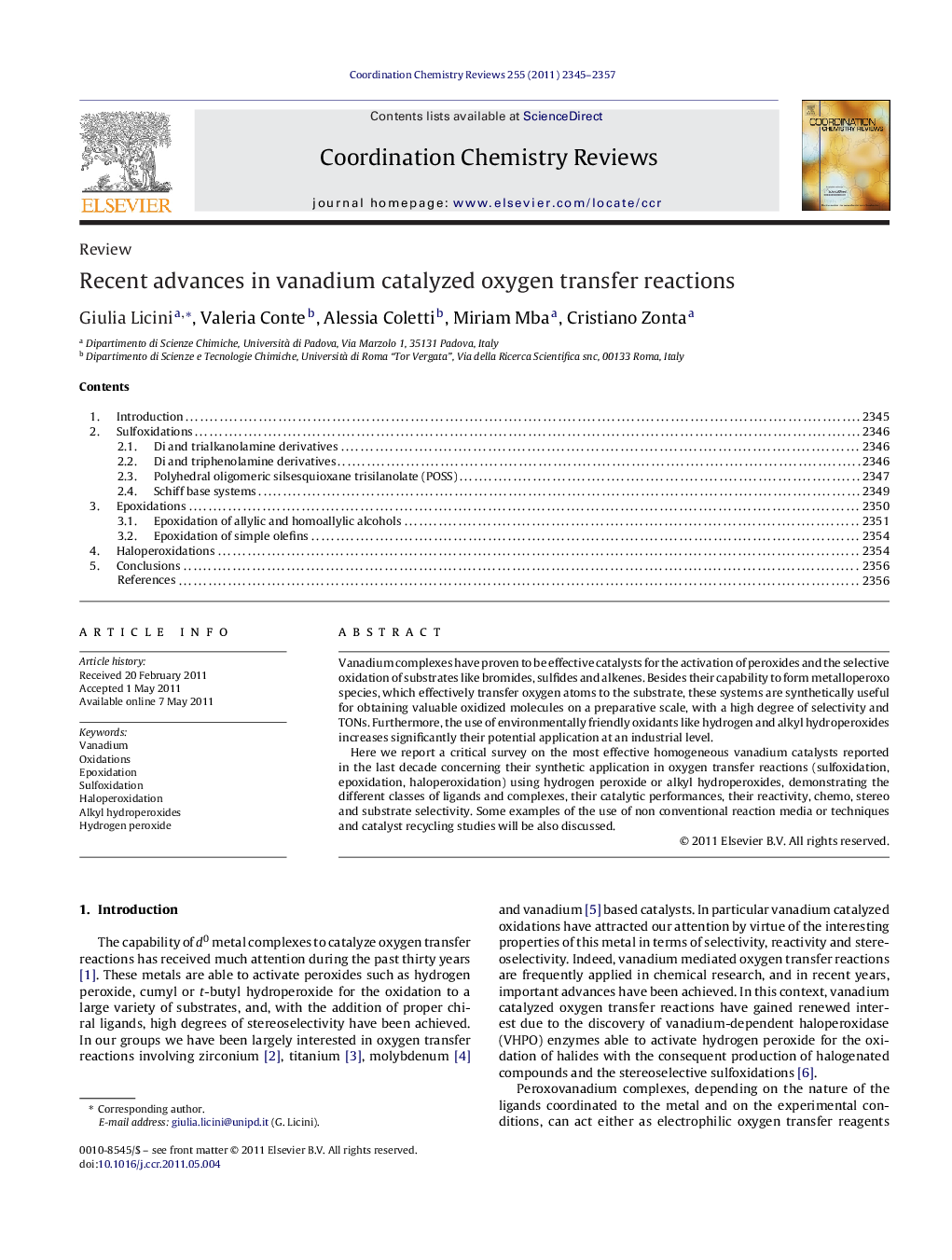 Recent advances in vanadium catalyzed oxygen transfer reactions