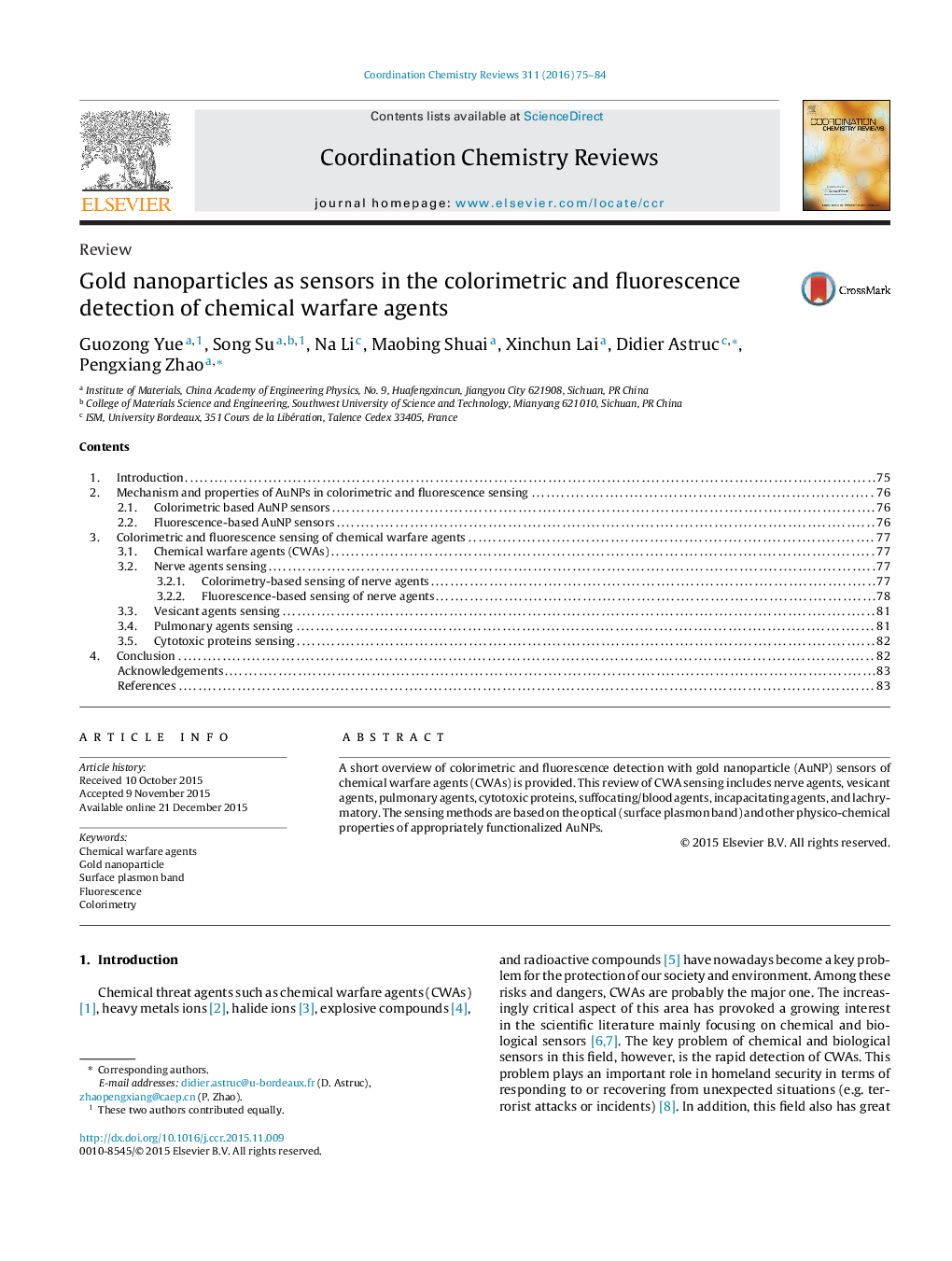 Gold nanoparticles as sensors in the colorimetric and fluorescence detection of chemical warfare agents