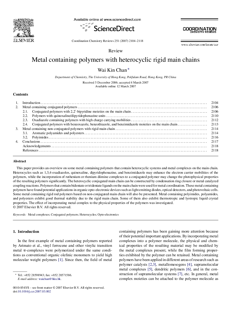 Metal containing polymers with heterocyclic rigid main chains