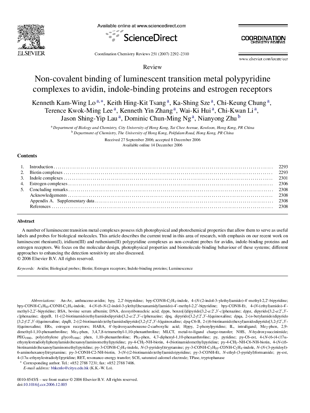 Non-covalent binding of luminescent transition metal polypyridine complexes to avidin, indole-binding proteins and estrogen receptors