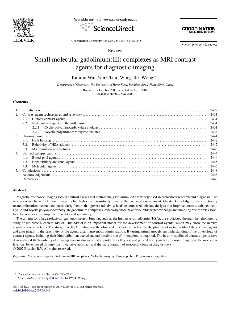 Small molecular gadolinium(III) complexes as MRI contrast agents for diagnostic imaging