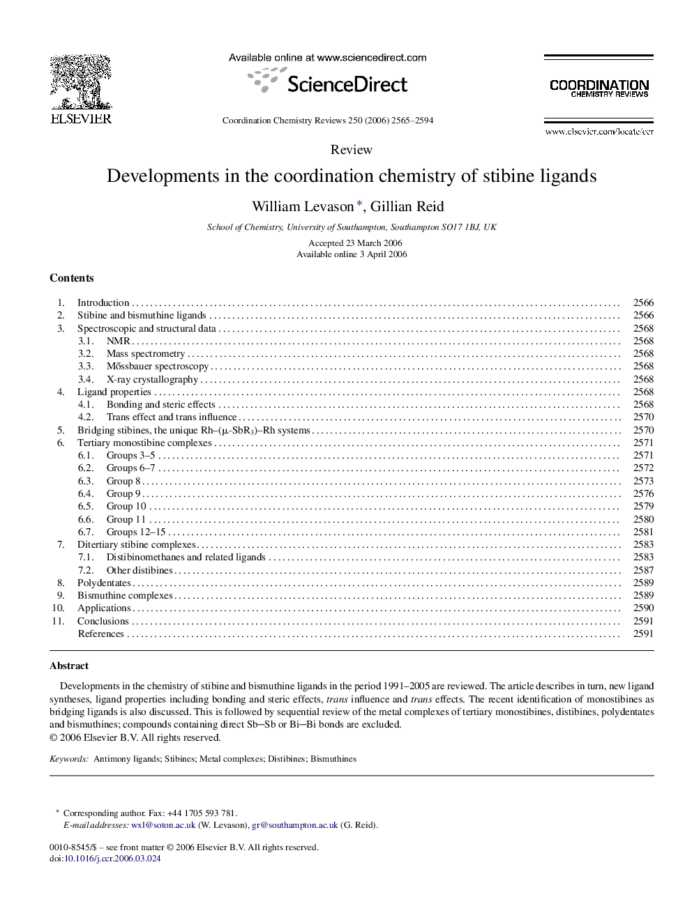 Developments in the coordination chemistry of stibine ligands