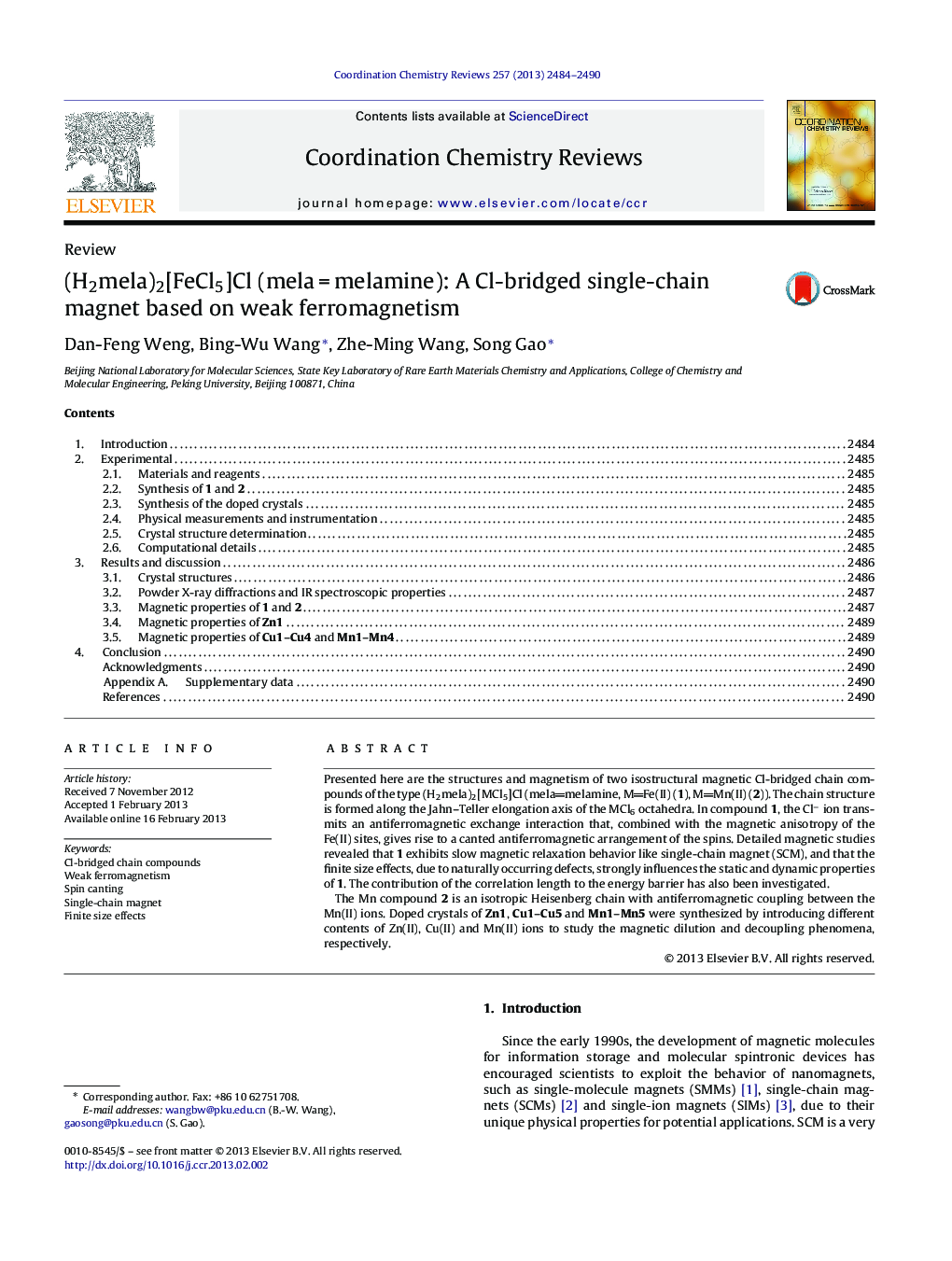 (H2mela)2[FeCl5]Cl (mela = melamine): A Cl-bridged single-chain magnet based on weak ferromagnetism