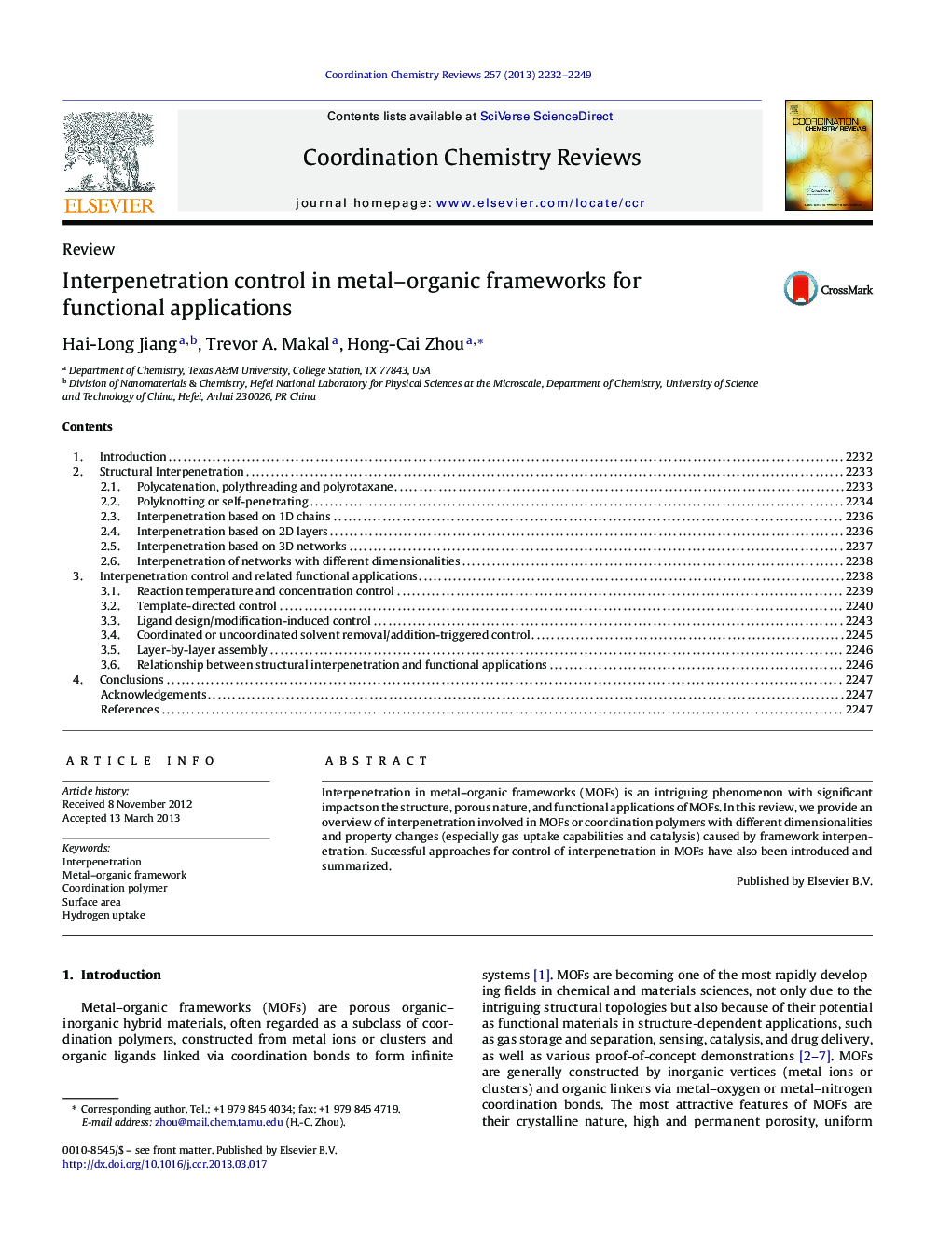 Interpenetration control in metal–organic frameworks for functional applications