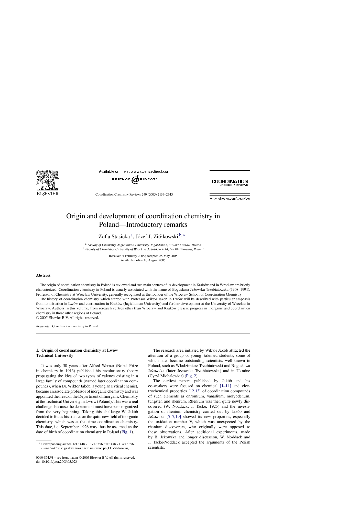Origin and development of coordination chemistry in Poland-Introductory remarks