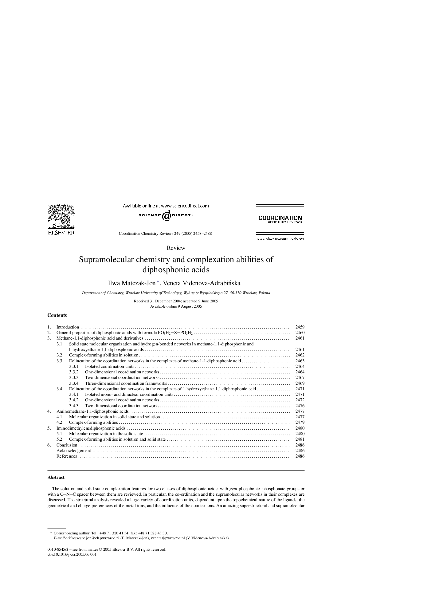 Supramolecular chemistry and complexation abilities of diphosphonic acids