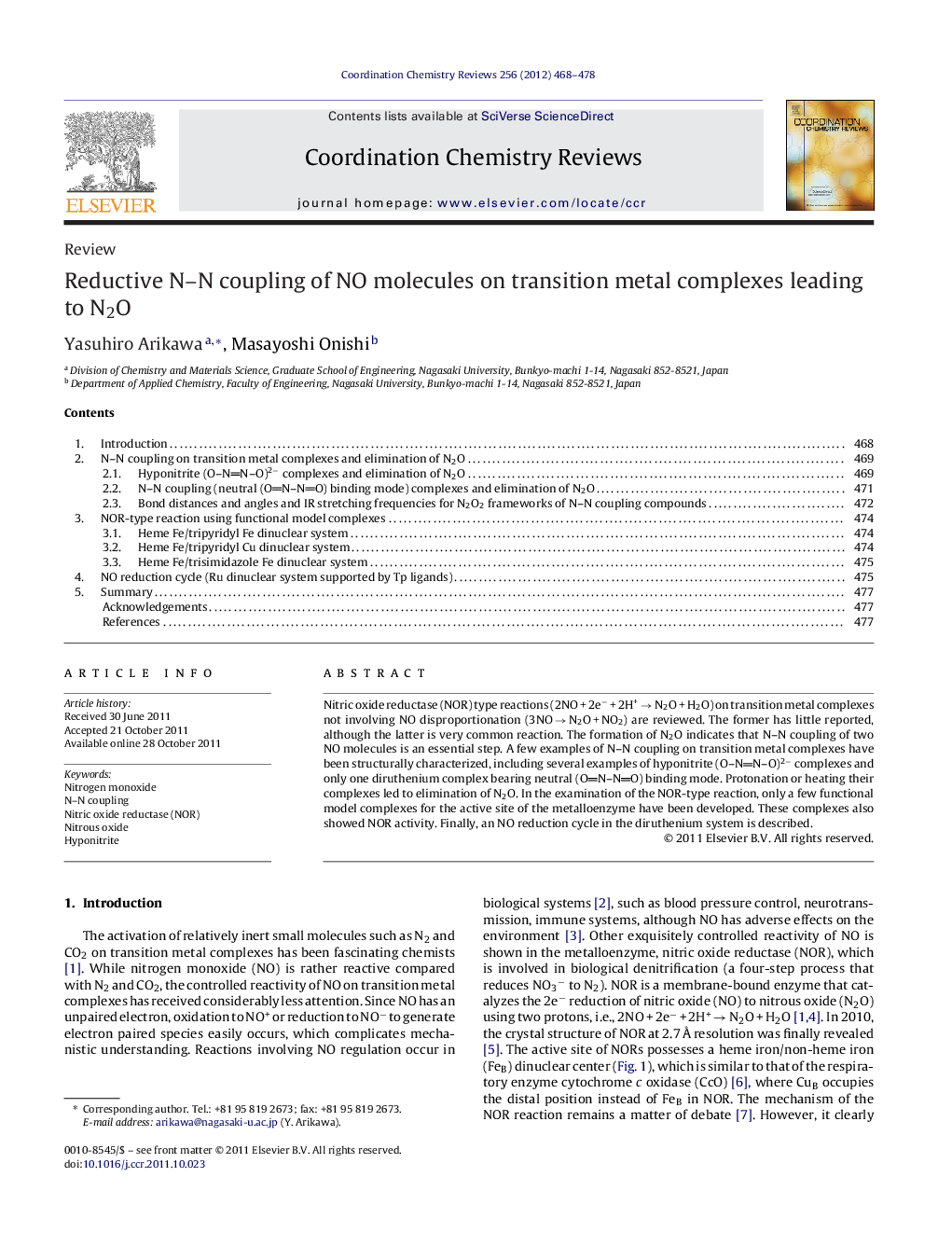 Reductive N–N coupling of NO molecules on transition metal complexes leading to N2O