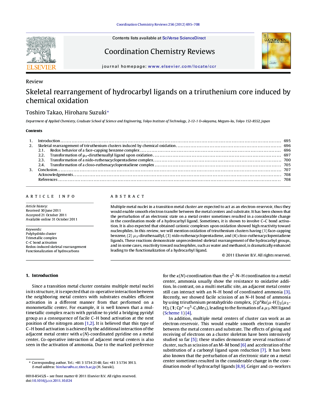 Skeletal rearrangement of hydrocarbyl ligands on a triruthenium core induced by chemical oxidation