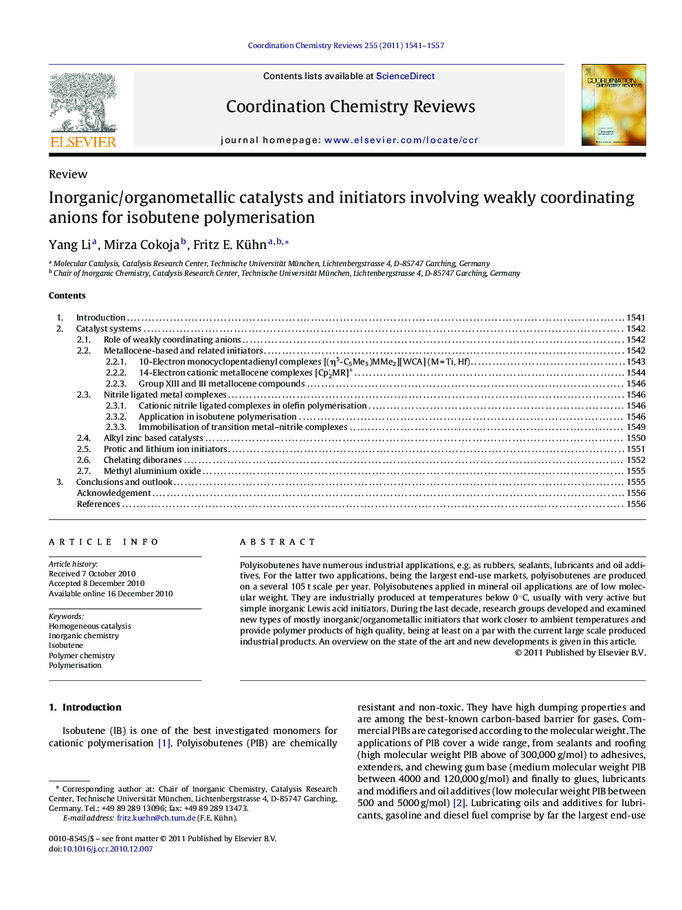 عکس صفحه اول مقاله: Inorganic/organometallic catalysts and initiators involving weakly coordinating anions for isobutene polymerisation Inorganic/organometallic catalysts and initiators involving weakly coordinating anions for isobutene polymerisation