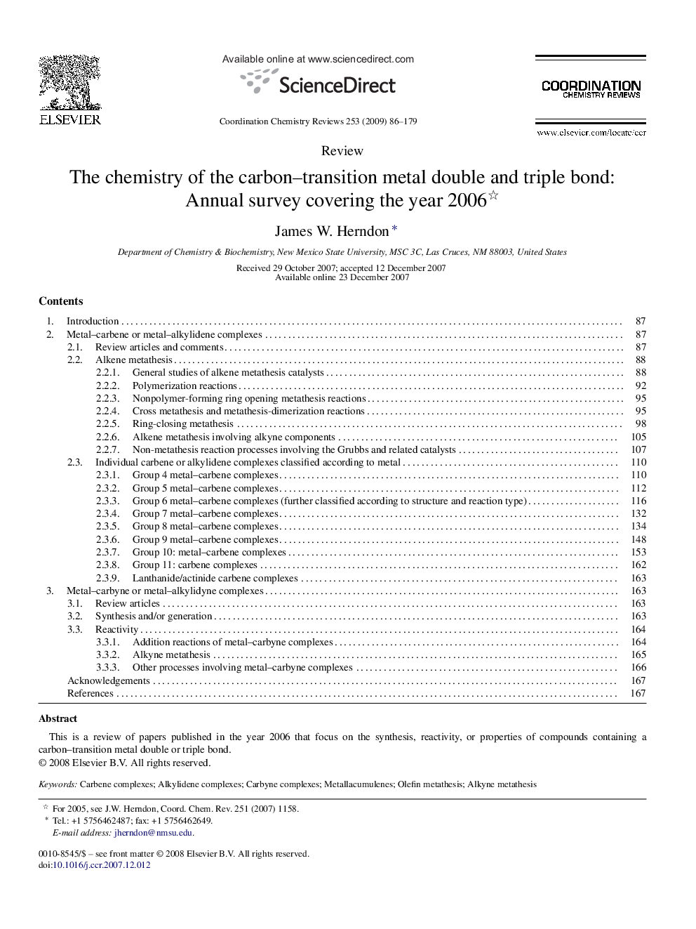 The chemistry of the carbon–transition metal double and triple bond: Annual survey covering the year 2006 