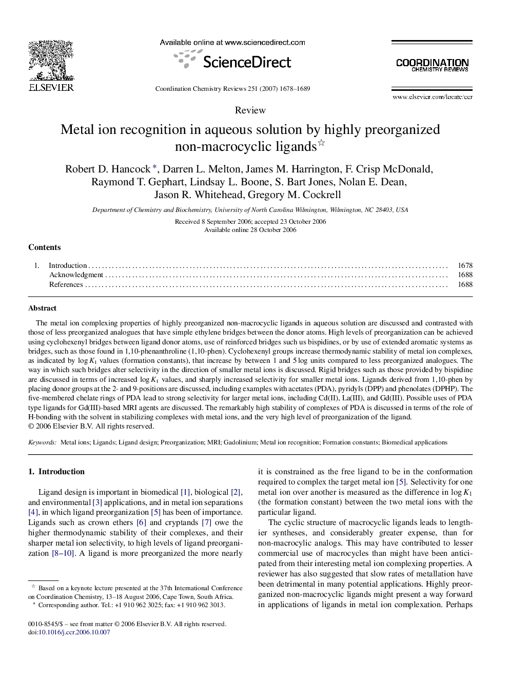 عکس صفحه اول مقاله: Metal ion recognition in aqueous solution by highly preorganized non-macrocyclic ligands Metal ion recognition in aqueous solution by highly preorganized non-macrocyclic ligands