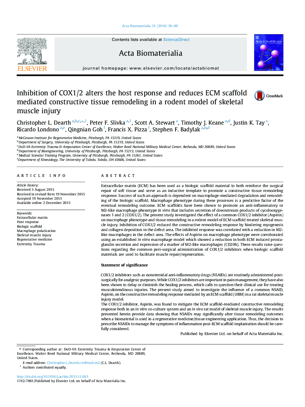 Inhibition of COX1/2 alters the host response and reduces ECM scaffold mediated constructive tissue remodeling in a rodent model of skeletal muscle injury