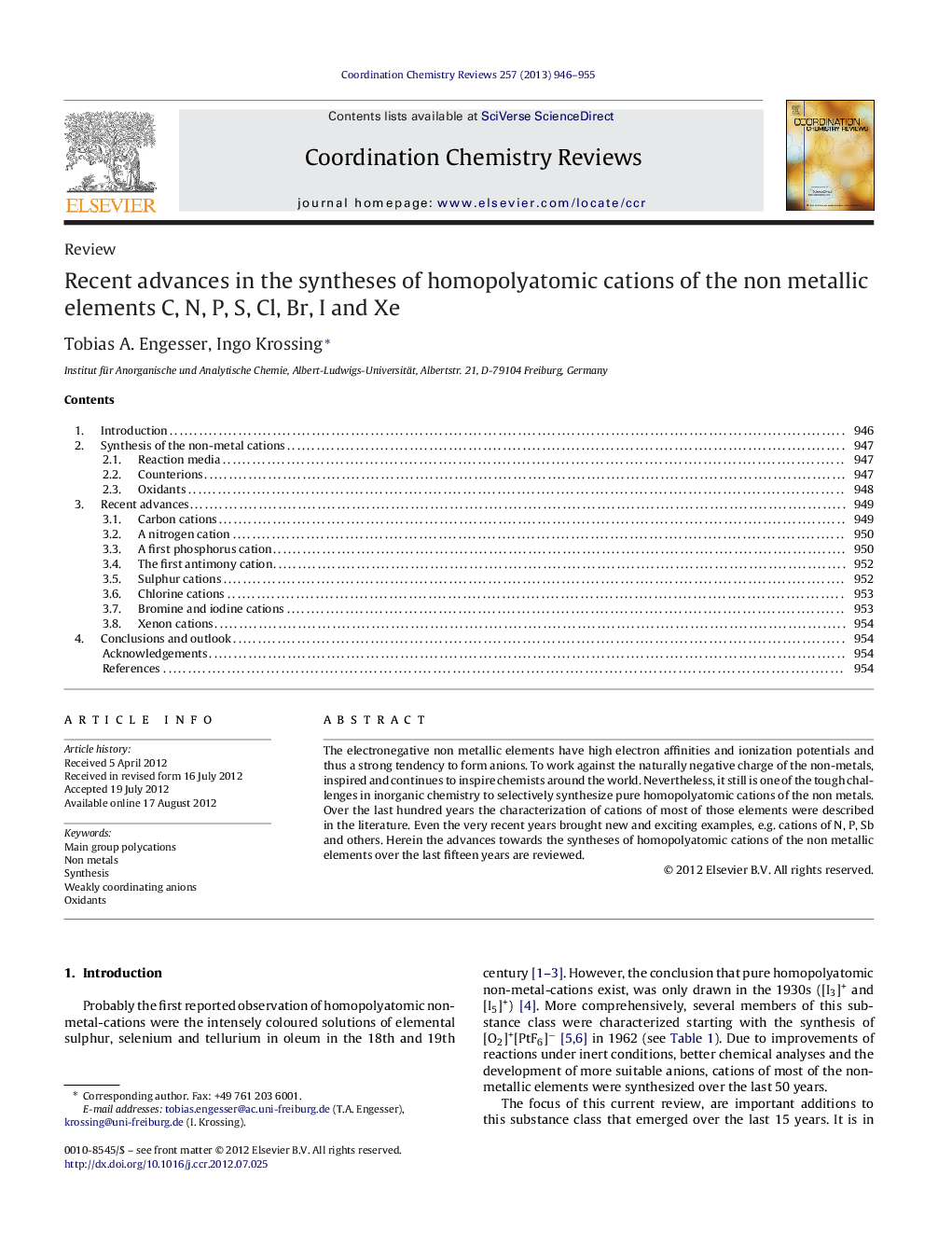 Recent advances in the syntheses of homopolyatomic cations of the non metallic elements C, N, P, S, Cl, Br, I and Xe