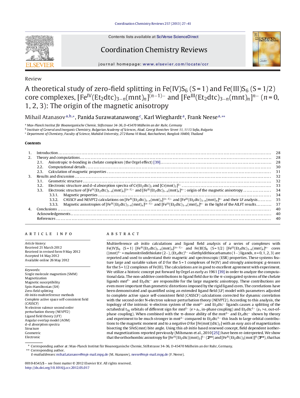 A theoretical study of zero-field splitting in Fe(IV)S6 (S = 1) and Fe(III)S6 (S = 1/2) core complexes, [FeIV(Et2dtc)3−n(mnt)n](n−1)− and [FeIII(Et2dtc)3−n(mnt)n]n− (n = 0, 1, 2, 3): The origin of the magnetic anisotropy