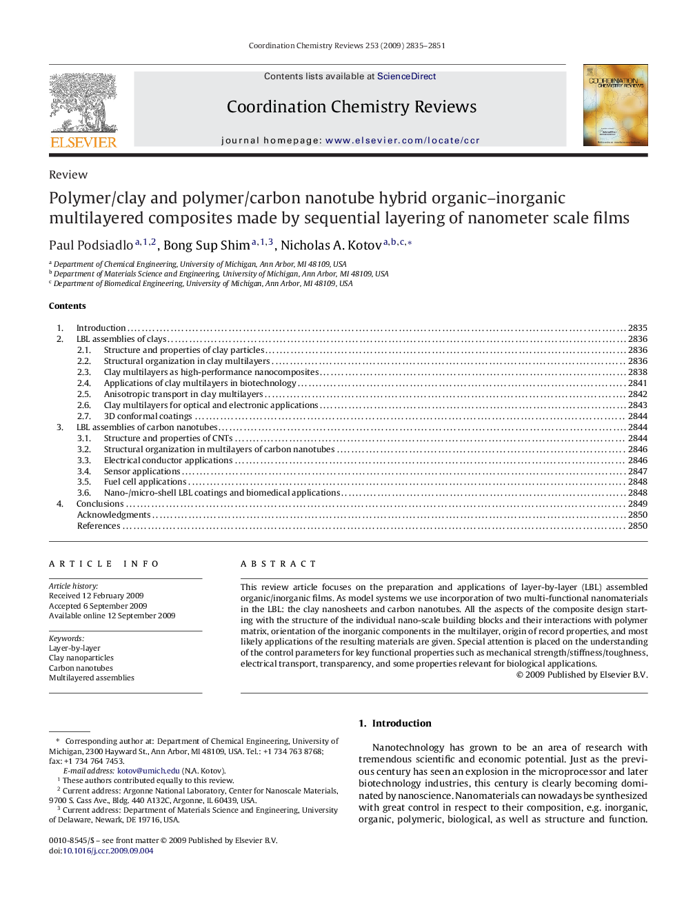 Polymer/clay and polymer/carbon nanotube hybrid organic–inorganic multilayered composites made by sequential layering of nanometer scale films