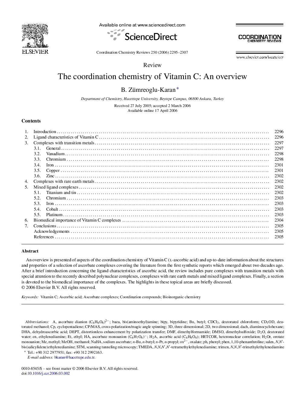 The coordination chemistry of Vitamin C: An overview