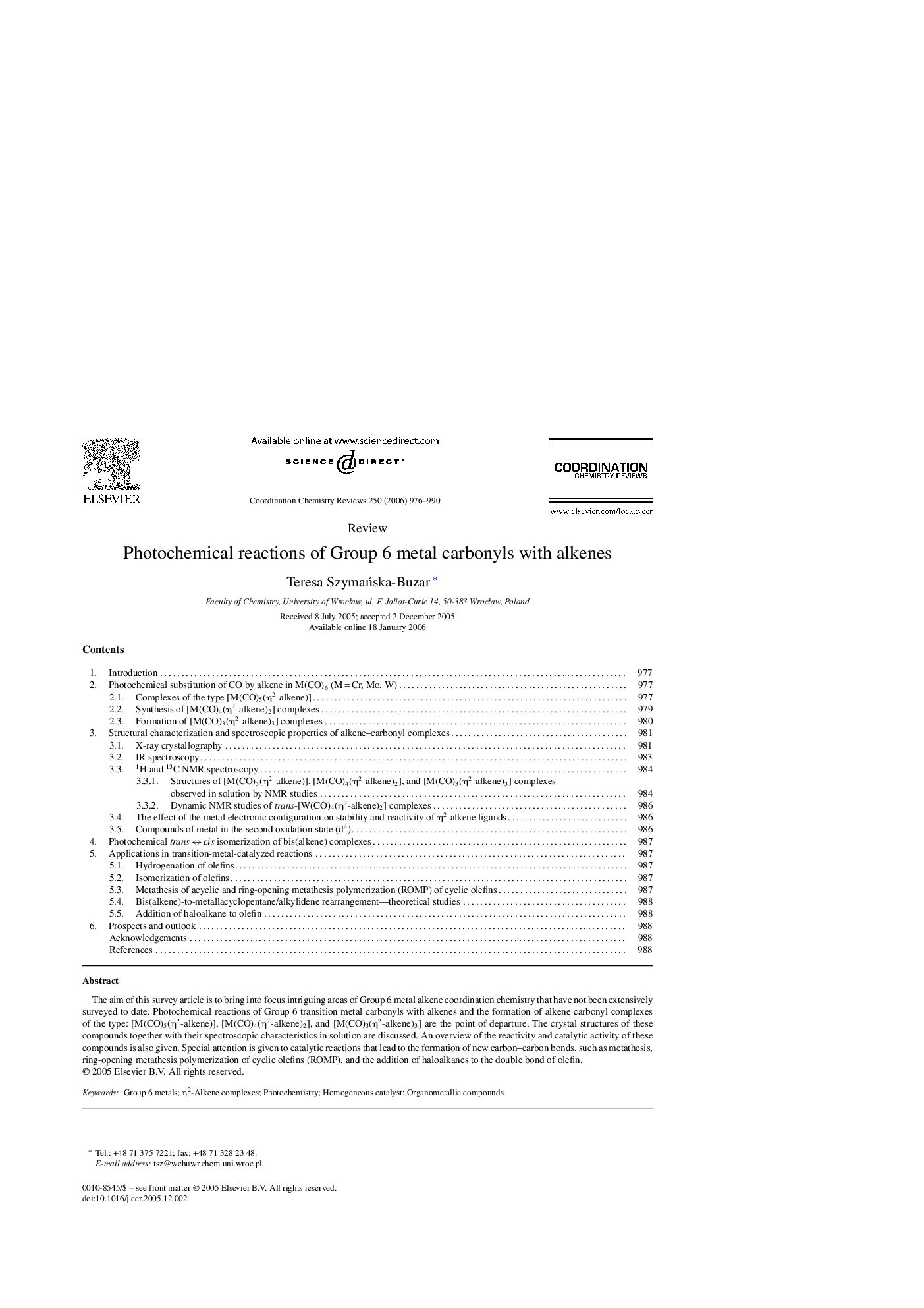 Photochemical reactions of Group 6 metal carbonyls with alkenes