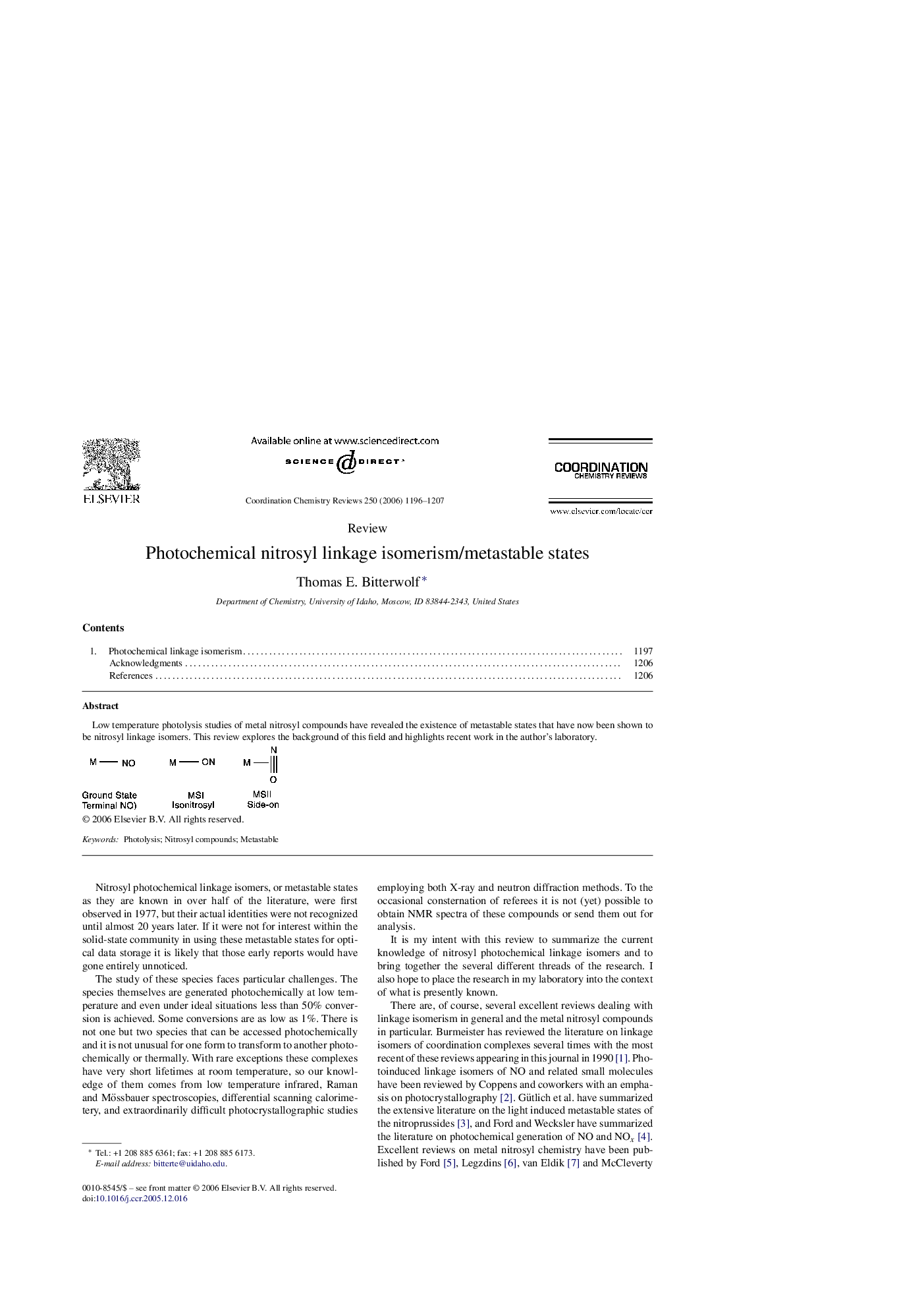 Photochemical nitrosyl linkage isomerism/metastable states