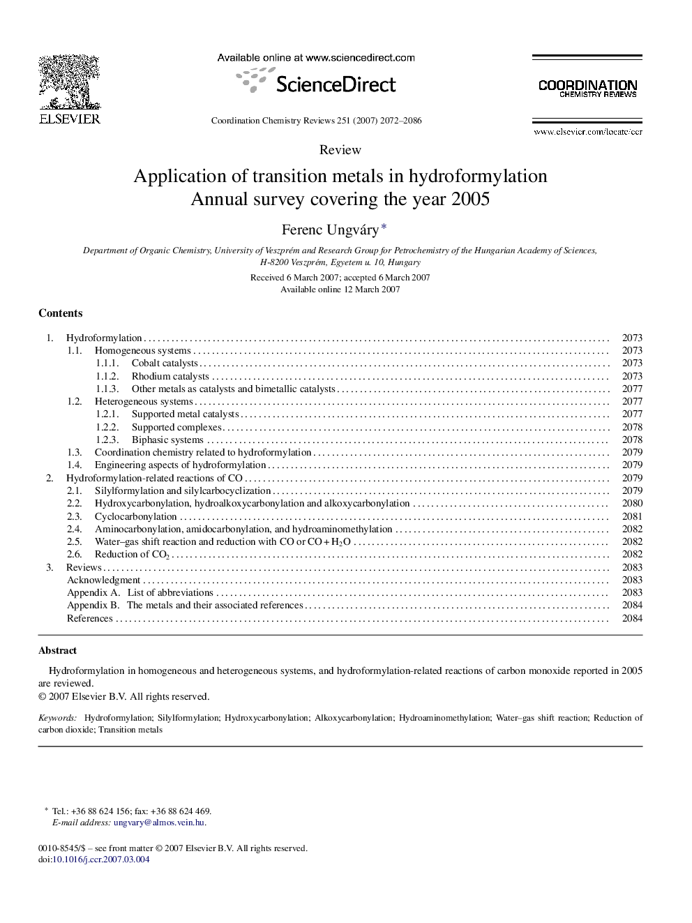 Application of transition metals in hydroformylation: Annual survey covering the year 2005