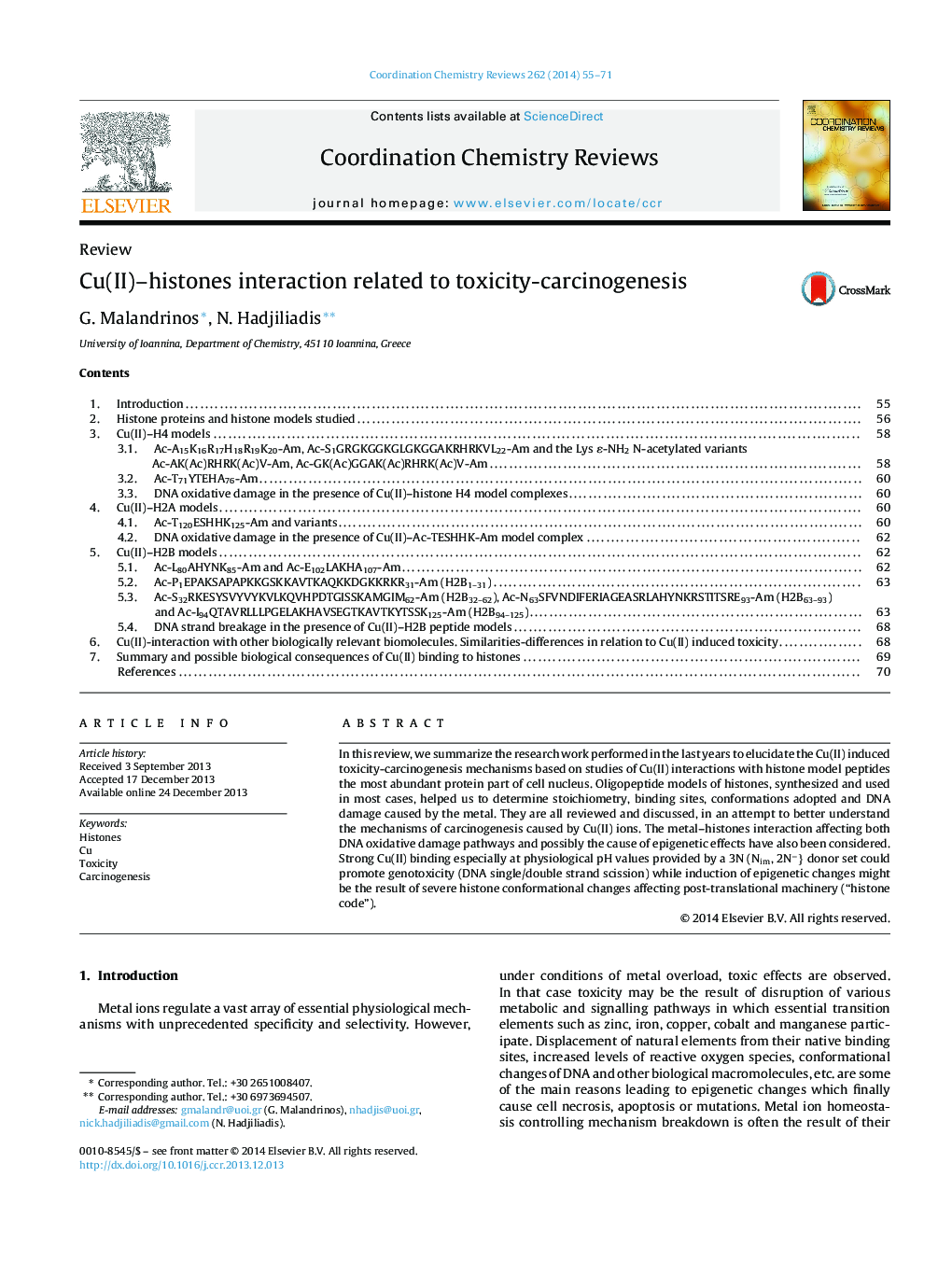 Cu(II)–histones interaction related to toxicity-carcinogenesis