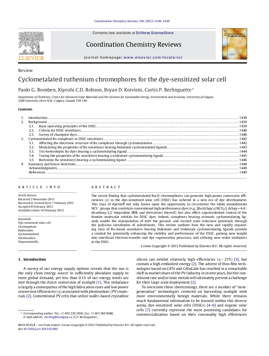 Cyclometalated ruthenium chromophores for the dye-sensitized solar cell