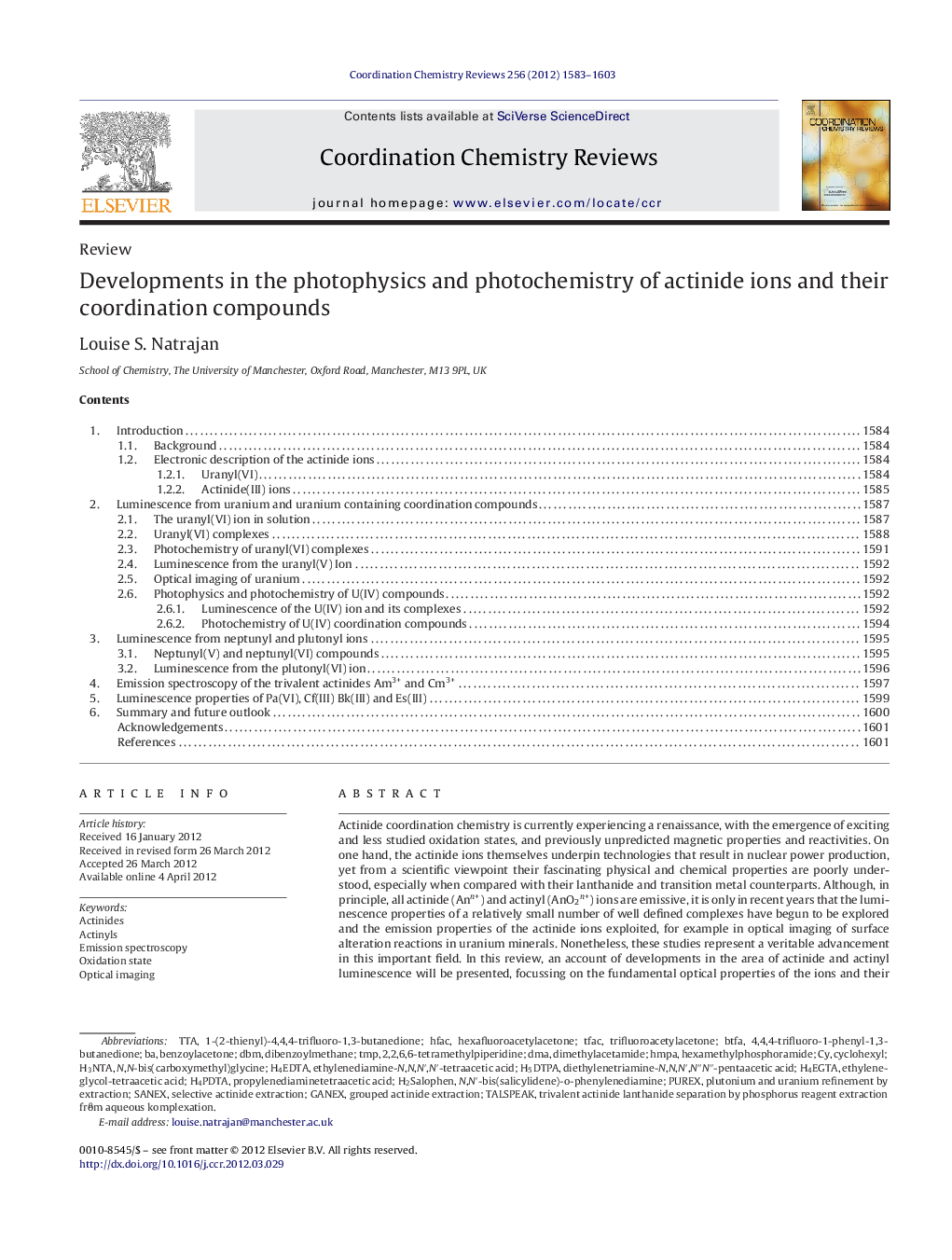 Developments in the photophysics and photochemistry of actinide ions and their coordination compounds