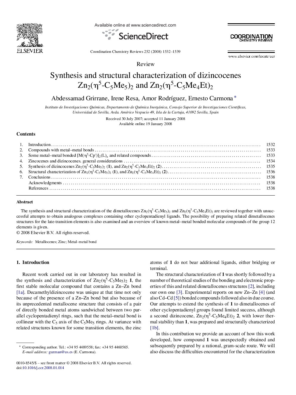 Synthesis and structural characterization of dizincocenes Zn2(η5-C5Me5)2 and Zn2(η5-C5Me4Et)2