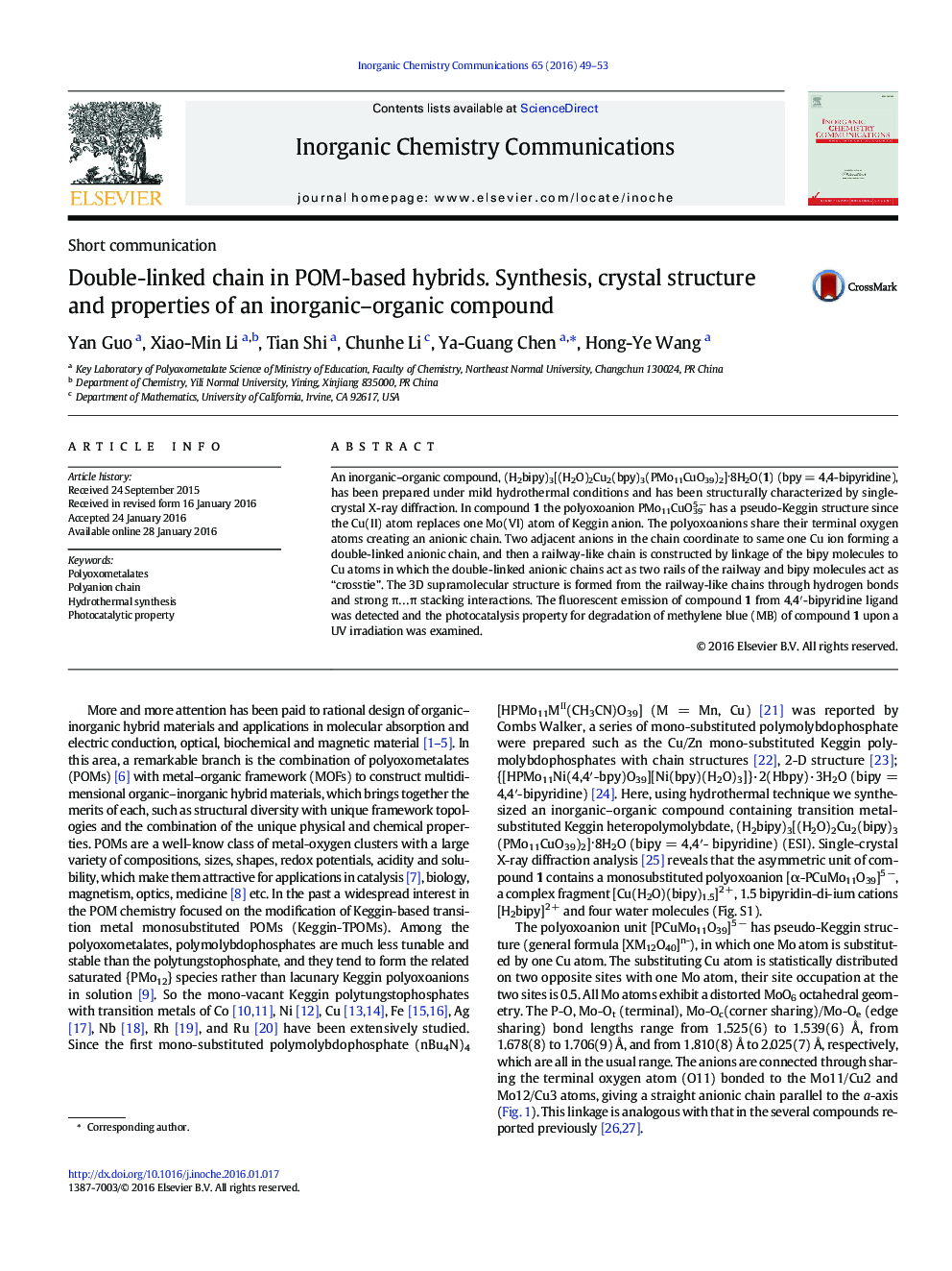 Double-linked chain in POM-based hybrids. Synthesis, crystal structure and properties of an inorganic–organic compound