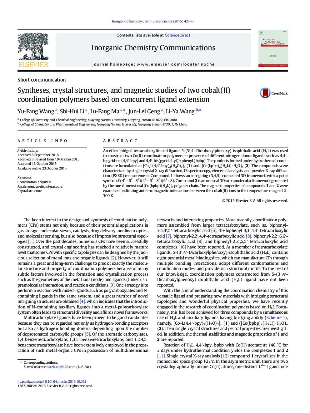 Syntheses, crystal structures, and magnetic studies of two cobalt(II) coordination polymers based on concurrent ligand extension