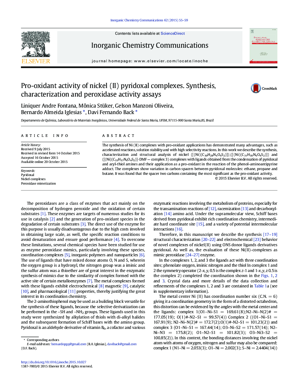 Pro-oxidant activity of nickel (II) pyridoxal complexes. Synthesis, characterization and peroxidase activity assays