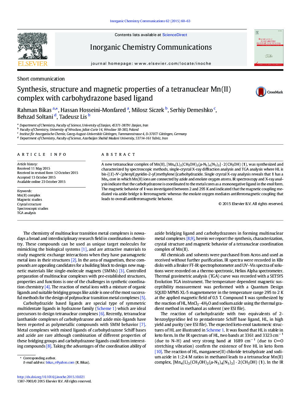 Synthesis, structure and magnetic properties of a tetranuclear Mn(II) complex with carbohydrazone based ligand