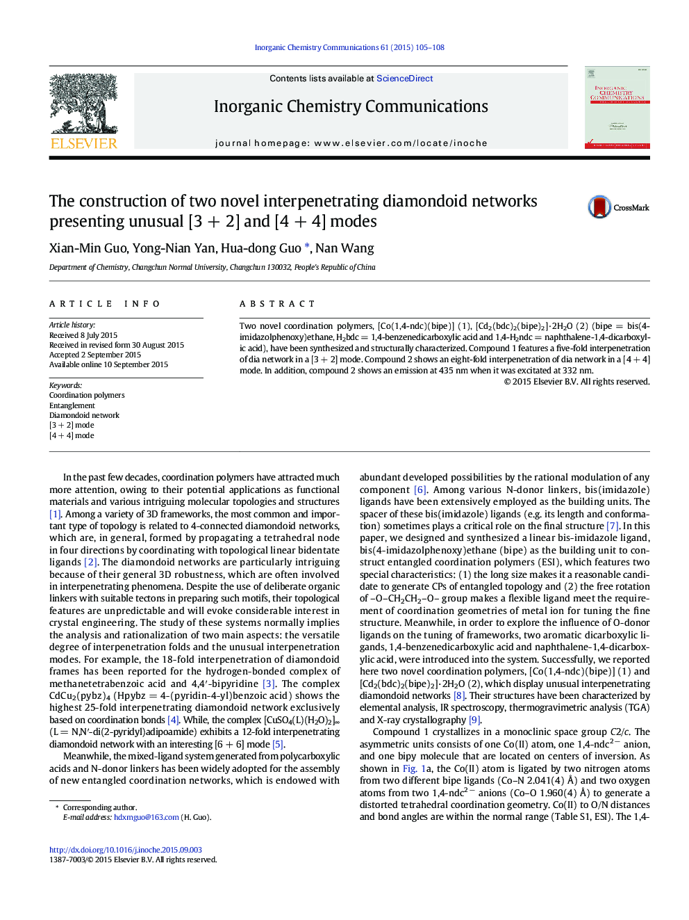 The construction of two novel interpenetrating diamondoid networks presenting unusual [3 + 2] and [4 + 4] modes