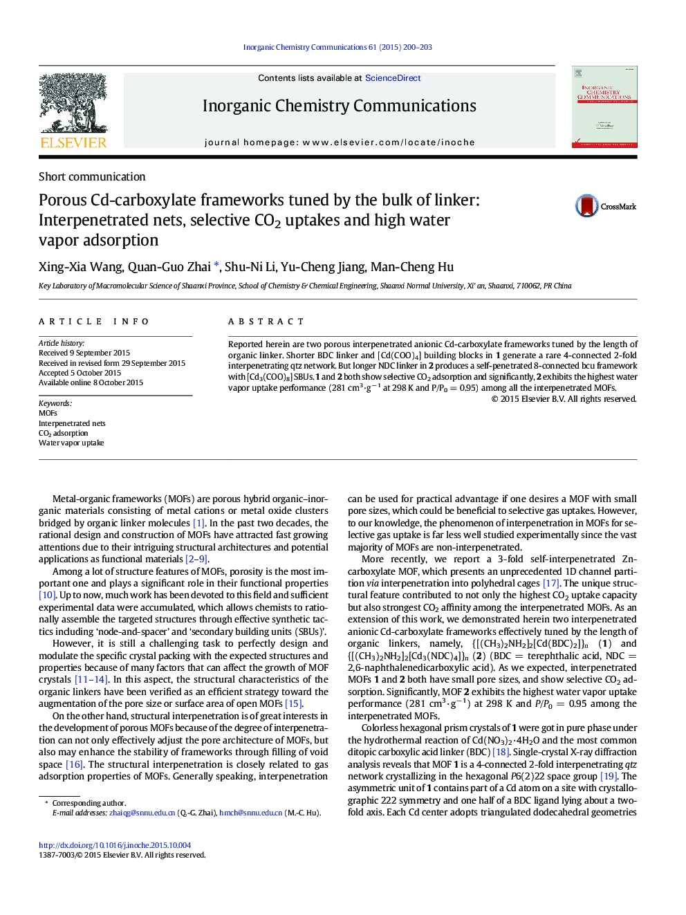 Porous Cd-carboxylate frameworks tuned by the bulk of linker: Interpenetrated nets, selective CO2 uptakes and high water vapor adsorption