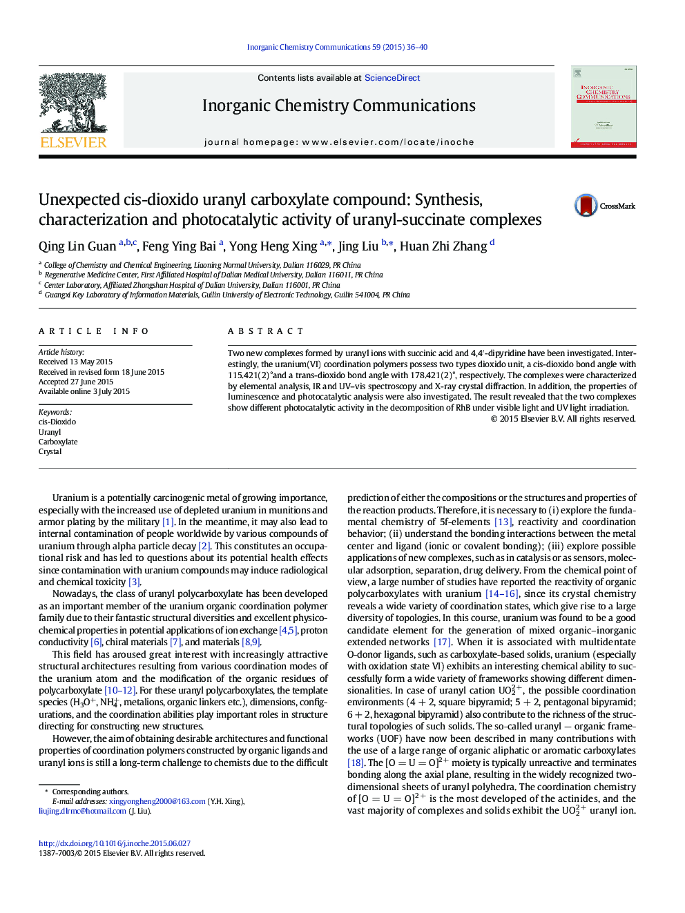 Unexpected cis-dioxido uranyl carboxylate compound: Synthesis, characterization and photocatalytic activity of uranyl-succinate complexes