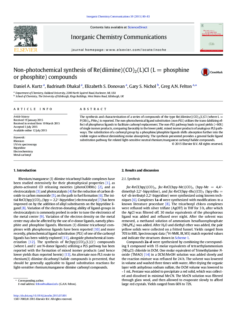 Non-photochemical synthesis of Re(diimine)(CO)2(L)Cl (L = phosphine or phosphite) compounds