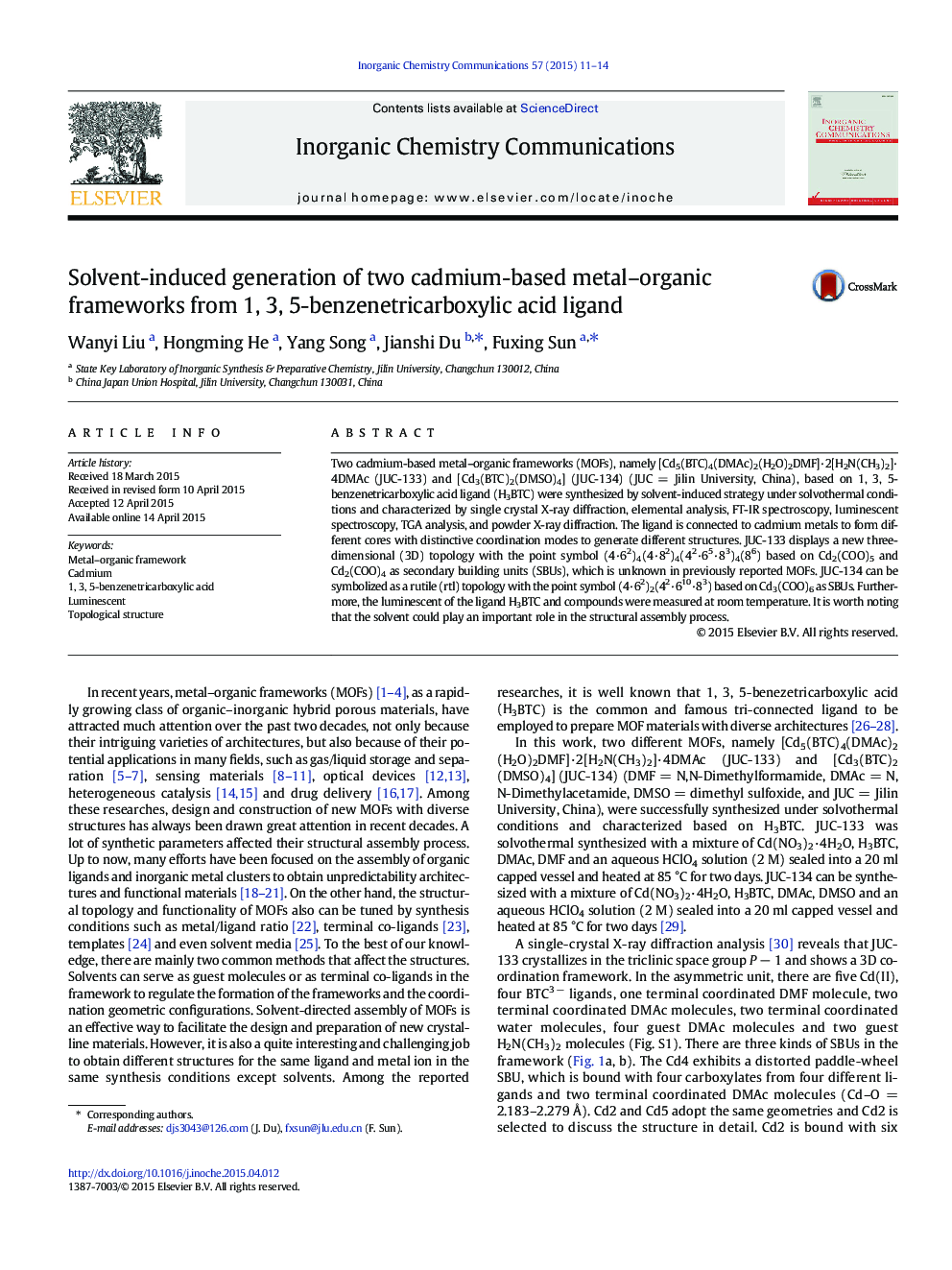 Solvent-induced generation of two cadmium-based metal–organic frameworks from 1, 3, 5-benzenetricarboxylic acid ligand