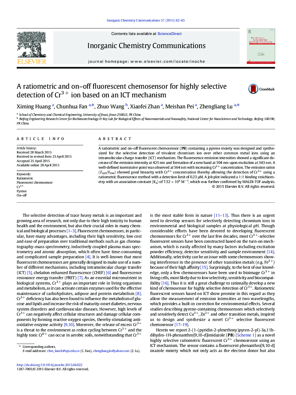 A ratiometric and on–off fluorescent chemosensor for highly selective detection of Cr3 + ion based on an ICT mechanism