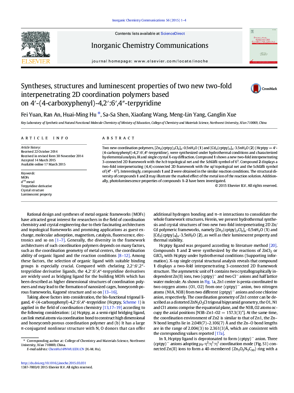 Syntheses, structures and luminescent properties of two new two-fold interpenetrating 2D coordination polymers based on 4′-(4-carboxyphenyl)-4,2′:6′,4″-terpyridine