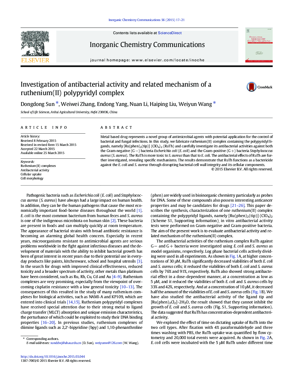 Investigation of antibacterial activity and related mechanism of a ruthenium(II) polypyridyl complex