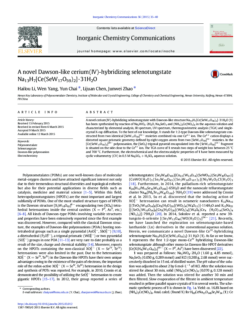 A novel Dawson-like cerium(IV)-hybridizing selenotungstate Na13H7[Ce(SeW17O59)2]·31H2O