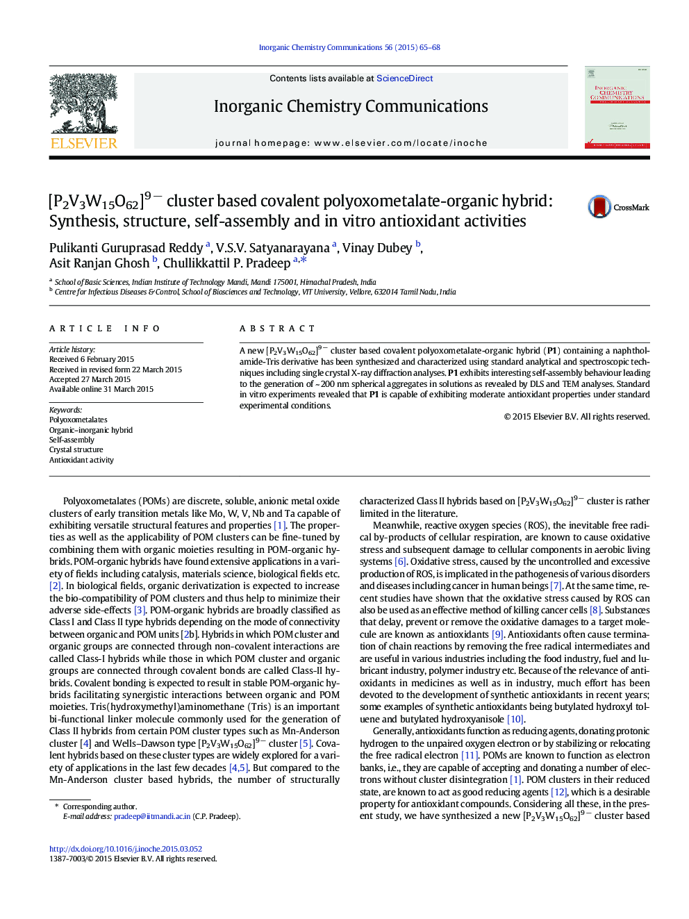 [P2V3W15O62]9 − cluster based covalent polyoxometalate-organic hybrid: Synthesis, structure, self-assembly and in vitro antioxidant activities