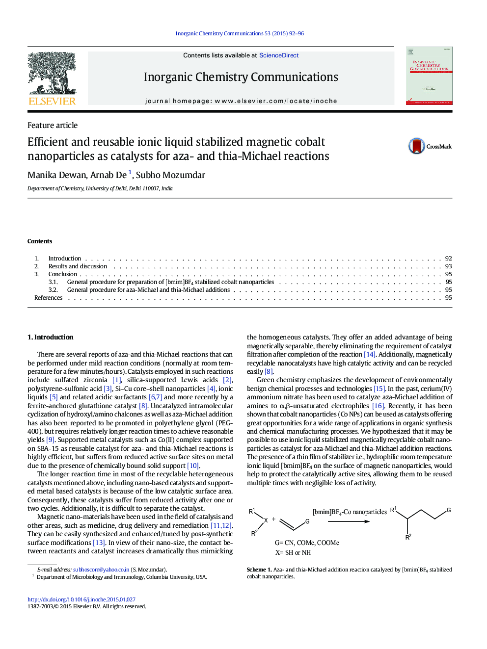 Efficient and reusable ionic liquid stabilized magnetic cobalt nanoparticles as catalysts for aza- and thia-Michael reactions