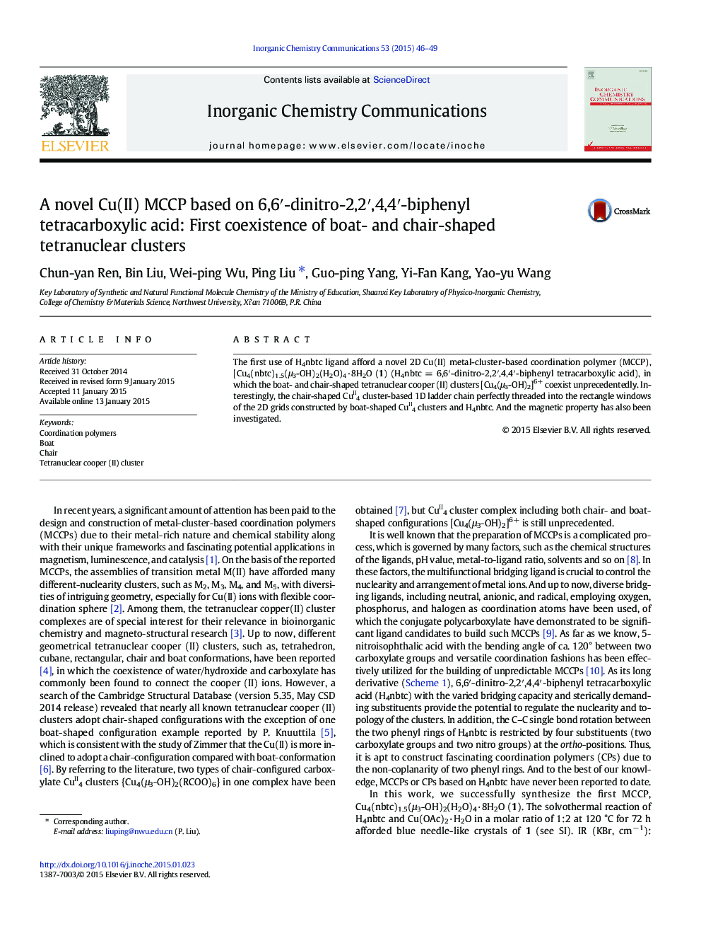 A novel Cu(II) MCCP based on 6,6′-dinitro-2,2′,4,4′-biphenyl tetracarboxylic acid: First coexistence of boat- and chair-shaped tetranuclear clusters